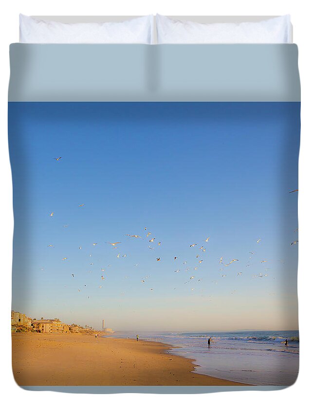 Carlsbad Village Beach Duvet Cover featuring the photograph 5 O'clock Bird Flight by Catherine Walters