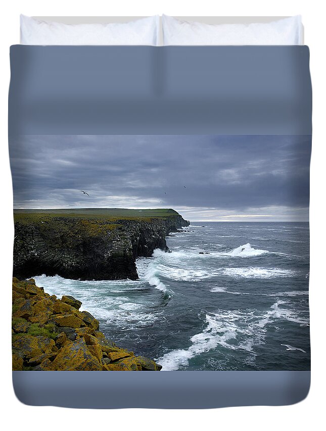 Kittiwake Duvet Cover featuring the photograph Bird Flying Over Rugged Coastline by Arctic-images