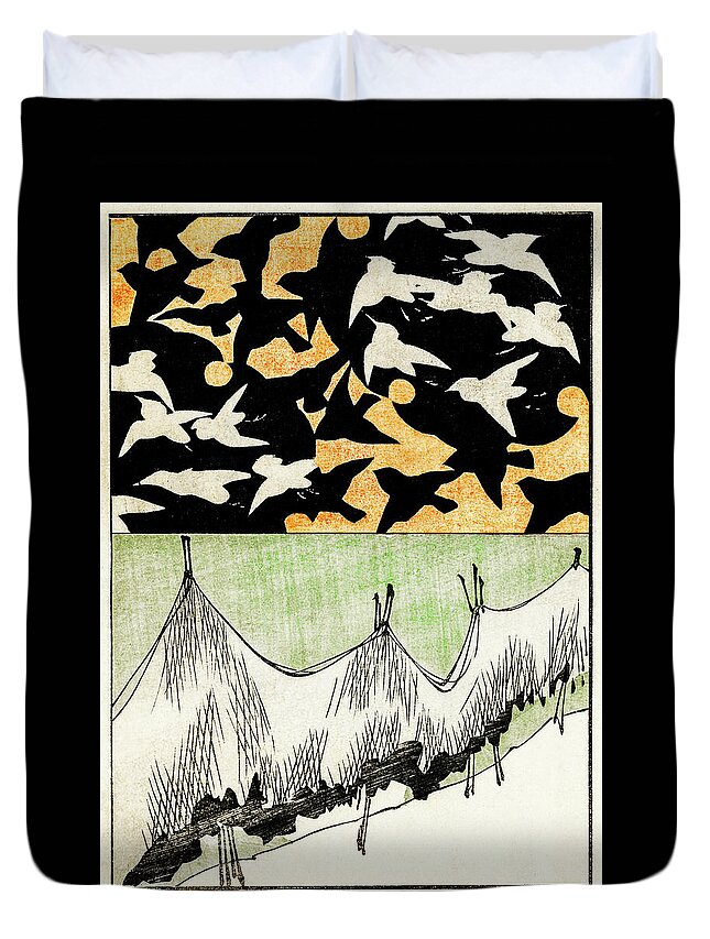 Watanabe Seitei Duvet Cover featuring the painting Birds and Net - Japanese traditional pattern design by Watanabe Seitei