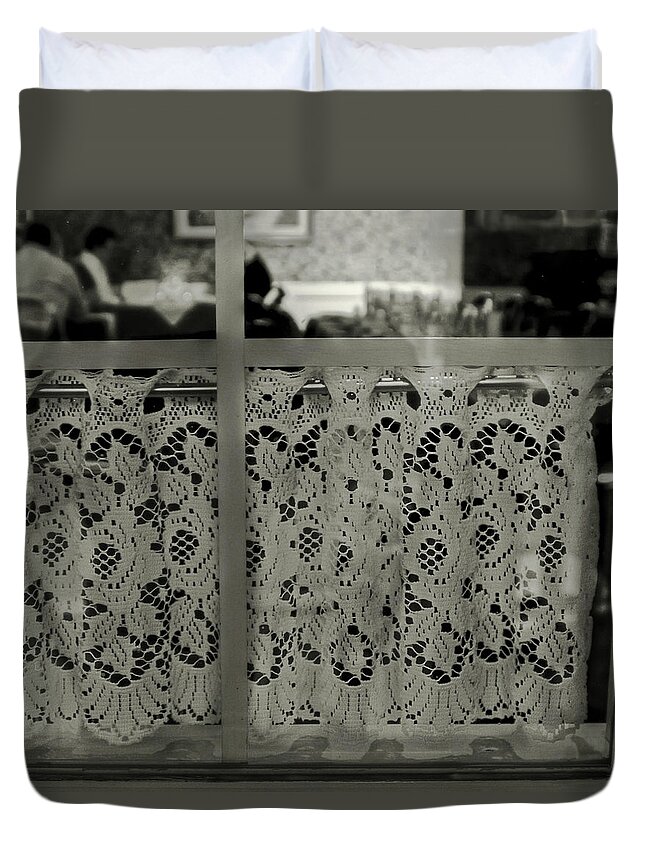 Bistro Window Duvet Cover featuring the photograph Bistro window in Quebec, Canada by Tatiana Travelways