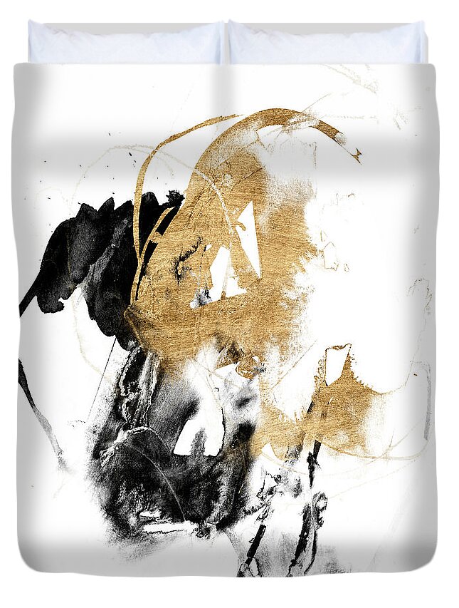 Abstract Duvet Cover featuring the painting Black & Gold Splash II by Jennifer Goldberger