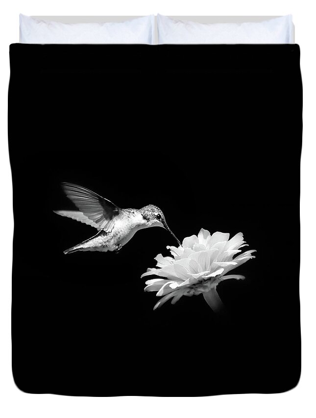 Hummingbird Duvet Cover featuring the photograph Black and White Hummingbird and Flower by Christina Rollo