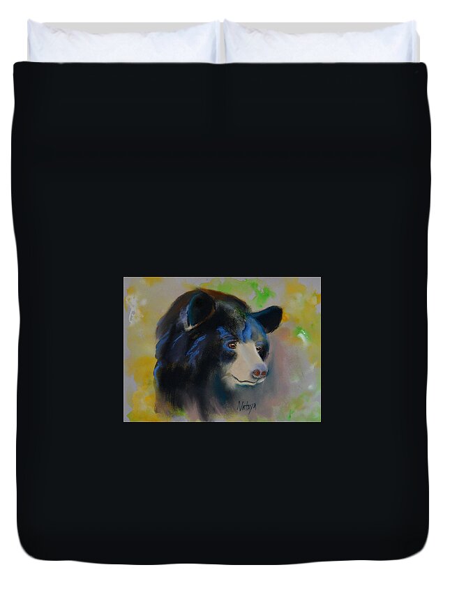 Bear Duvet Cover featuring the pastel Black Bear by Nataya Crow