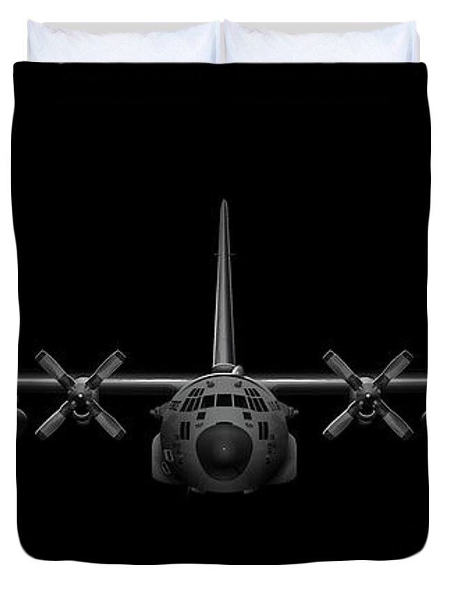 C-130 Duvet Cover featuring the digital art Black Chrome Herk by Michael Brooks