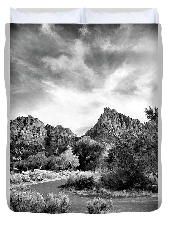Zion National Park Duvet Cover featuring the photograph Black White Zion National Park by Chuck Kuhn