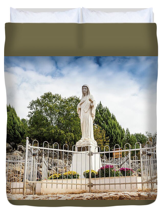 Apparition Duvet Cover featuring the photograph Blessed Virgin Mary Statue on Apparition hill by Vivida Photo PC