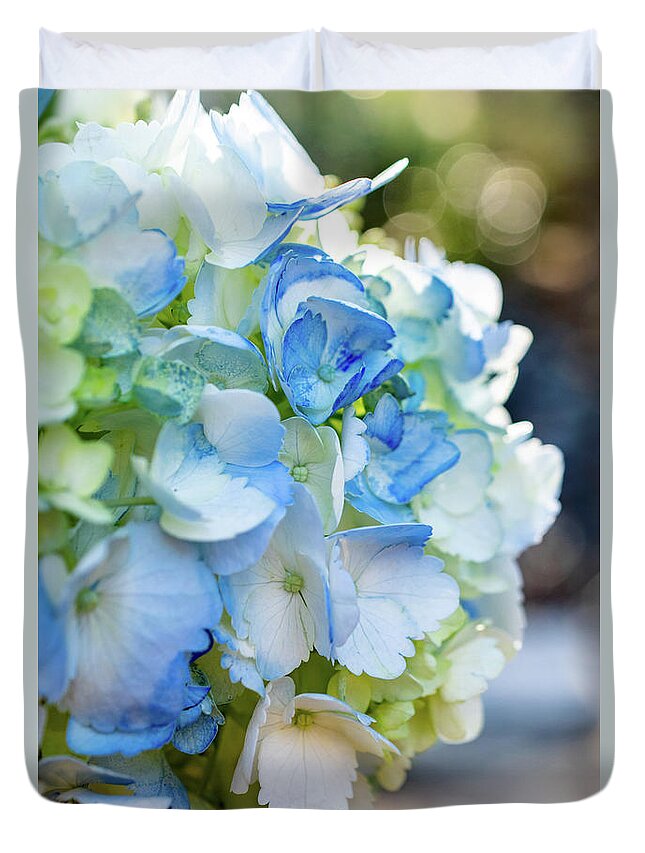 Blue And White Hydrangeas Duvet Cover featuring the photograph Blue and Bokeh by Mary Ann Artz