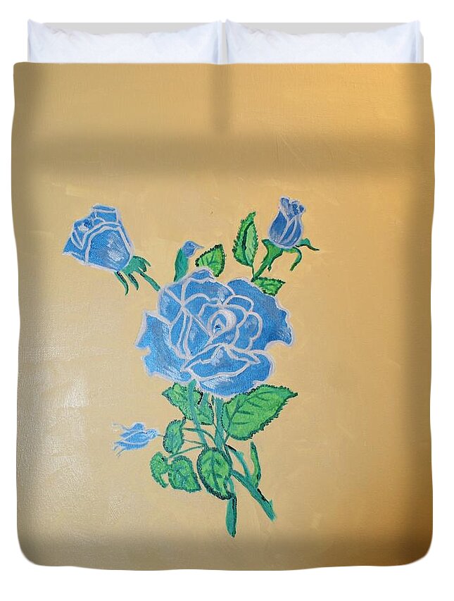 Art Duvet Cover featuring the painting Blue and Silver Rose on Gold background by Yvonne Sewell