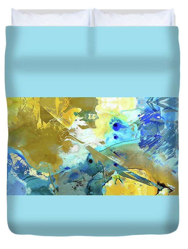 Blue Duvet Cover featuring the painting Blue And Yellow Abstract Art - Moving Up - Sharon Cummings by Sharon Cummings