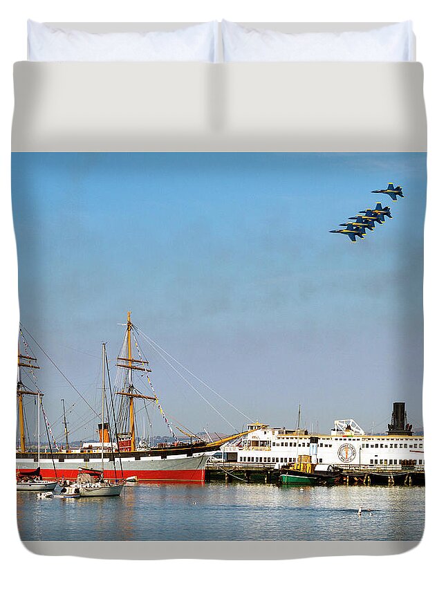 Blue Angels Duvet Cover featuring the photograph Blue Angel Formation Over Maritime Park by Bonnie Follett