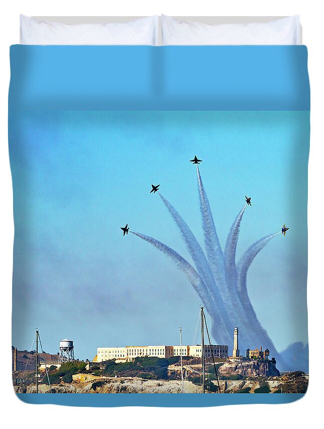Blue Angels Duvet Cover featuring the photograph Blue Angels Over Alcatraz Island 2 by Bonnie Follett