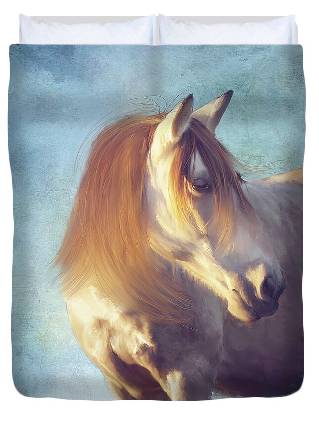 Horse Duvet Cover featuring the mixed media Blue Chip Stock by Colleen Taylor