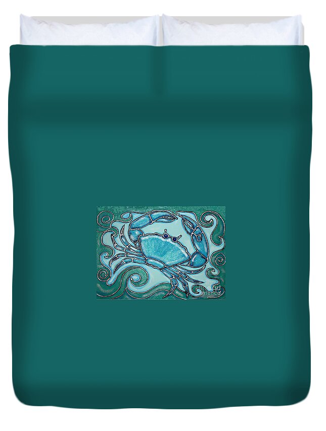 Ocean Duvet Cover featuring the painting Blue Crab in Waves by Cynthia Snyder
