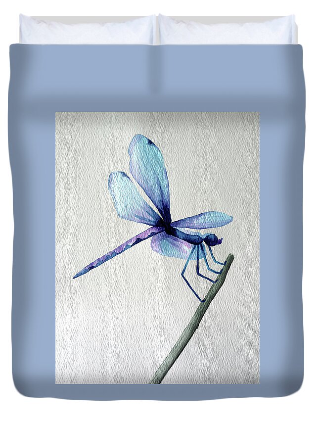Dragonfly Duvet Cover featuring the painting Blue Dragonfly by Lynellen Nielsen