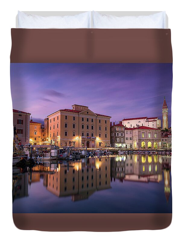 Europe Duvet Cover featuring the photograph Blue Hour in Piran by Elias Pentikis