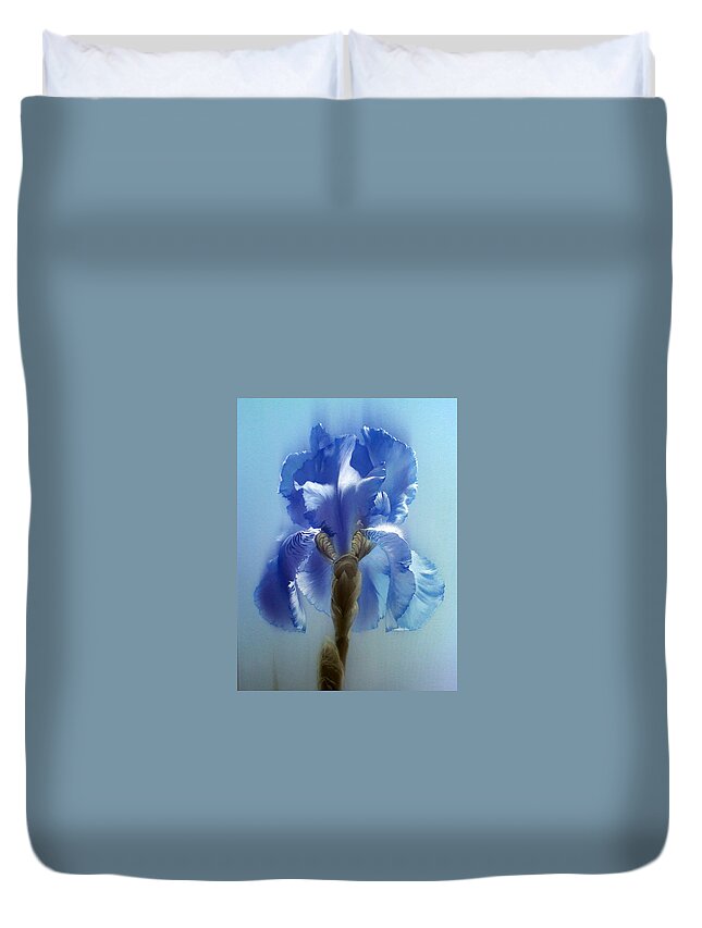 Russian Artists New Wave Duvet Cover featuring the painting Blue Iris Flower by Alina Oseeva