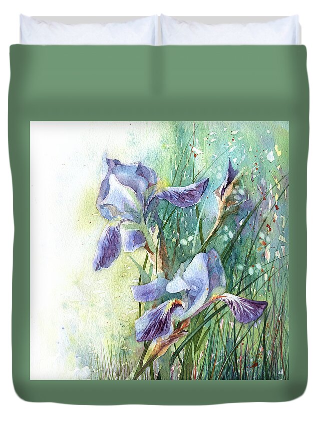 Russian Artists New Wave Duvet Cover featuring the painting Blue Irises Fairytale by Ina Petrashkevich