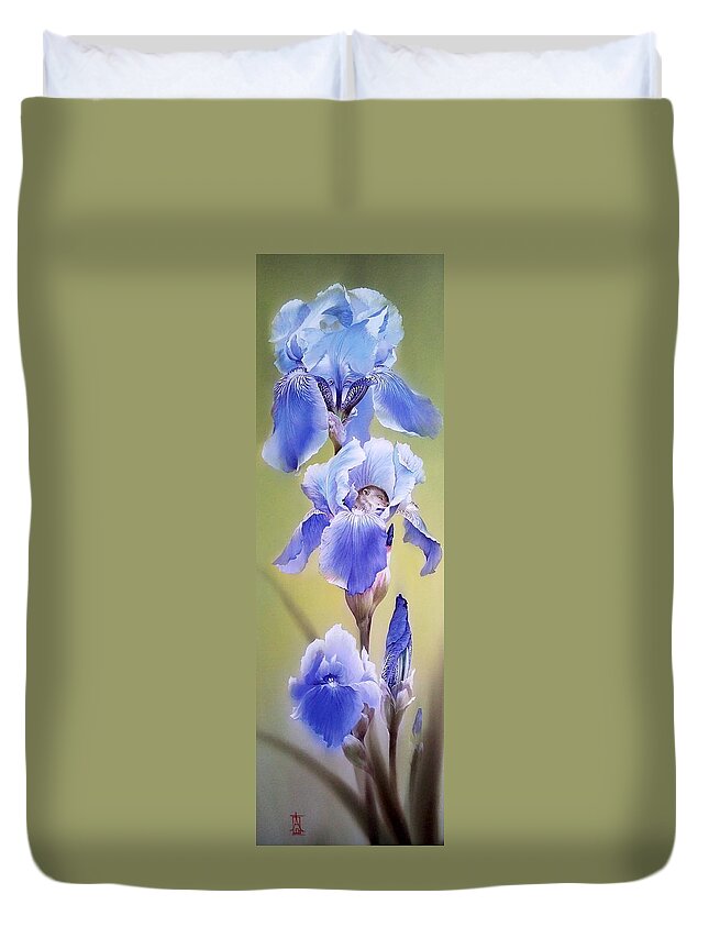 Russian Artists New Wave Duvet Cover featuring the painting Blue Irises with Sleeping Baby Mouse by Alina Oseeva