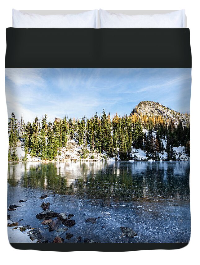 Outdoor; Fall Colors; Autumn; Larch; Golden; Color; Mountains; Tree; North Cascade; Blue Lake; Washington Pass; Washington Beauty; Pacific North West Duvet Cover featuring the digital art Blue Lake, WA by Michael Lee