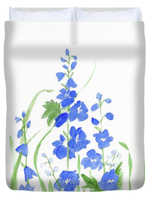 Larkspur Duvet Cover featuring the painting Blue Larkspur by Laurie Rohner