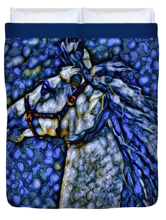 Original Composition By Breenabriggemanart ©2019 Horse Equestrian Stained Glass Style Contemporary Modern Art Wall Canvas Acrylic Painting Prints Wood Metal Tote Bags Yoga Mats Framed Giclee Gallery Animals Wildlife Living Dining Bedroom Bathroom Business Towels Duvet Cover Pillows Shower Curtains Duvet Cover featuring the mixed media Blue Mare by Breena Briggeman