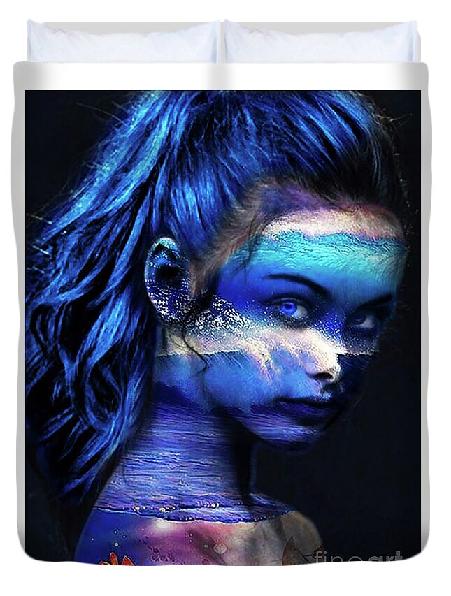 Ocean Girl Duvet Cover featuring the mixed media Blue Ocean Girl by Kathy Kelly
