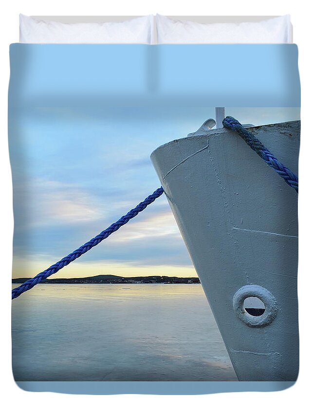 Bay Duvet Cover featuring the photograph Blue rope and ship's bow in an icy harbor by Intensivelight