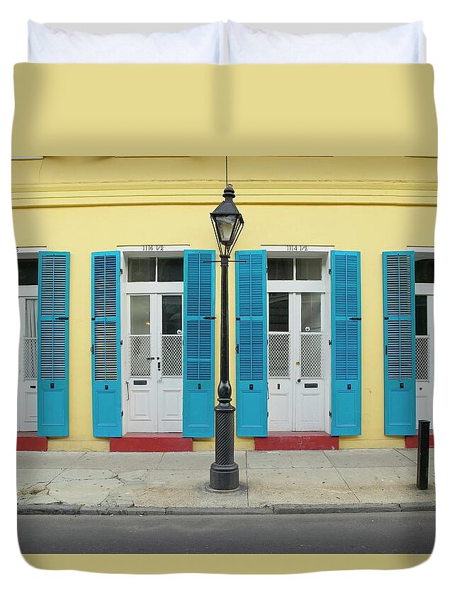 Shutter Duvet Cover featuring the photograph Blue Shutter And Lamp Post In French by Visionsofamerica/joe Sohm