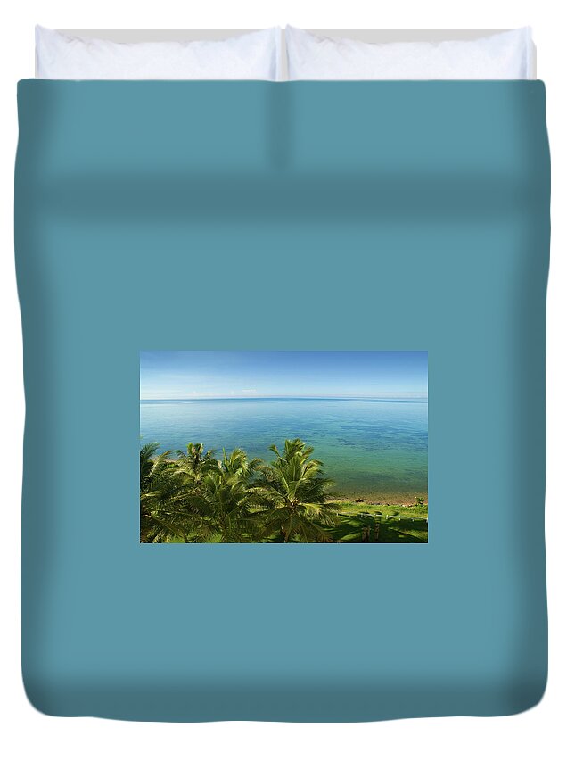 New Caledonia Duvet Cover featuring the photograph Blue Sky And Palm Trees At Noumea Bay by Juuce