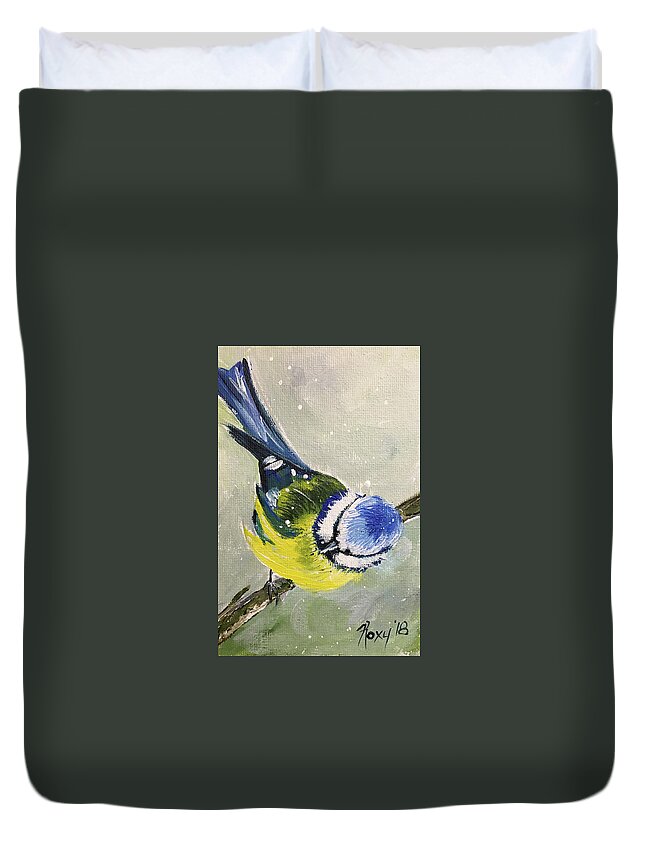 Bird Duvet Cover featuring the painting Blue Tit in Snow by Roxy Rich