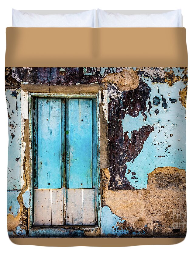 Wall Duvet Cover featuring the photograph Blue wall and door by Lyl Dil Creations