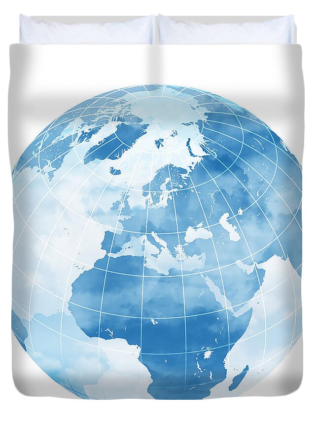 White Background Duvet Cover featuring the digital art Blue World Globe by Sbayram