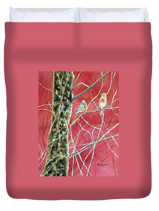 Watercolor Painting Duvet Cover featuring the painting Bluebirds In Early Spring by Kathryn Duncan