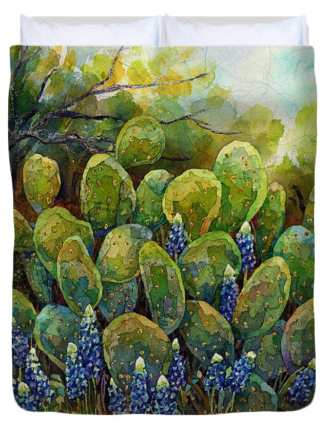 Cactus Duvet Cover featuring the painting Bluebonnets and Cactus 2 by Hailey E Herrera