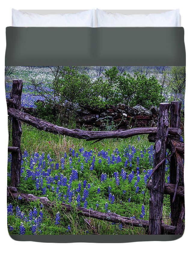 Austin Duvet Cover featuring the photograph Bluebonnets Framed by Johnny Boyd