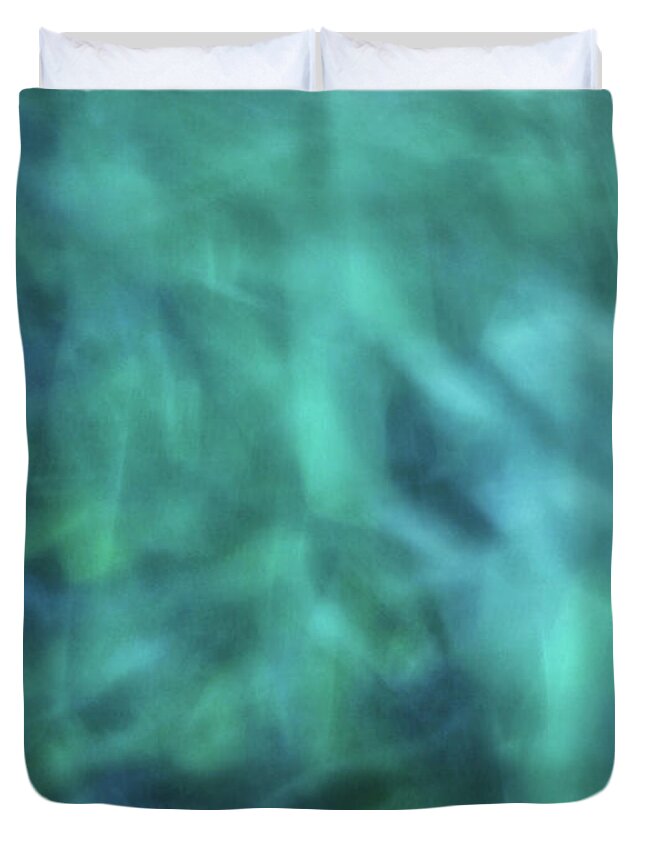 Abstract Duvet Cover featuring the photograph Blurred water wave like abstract background with blues, turquiose, green color artwork by Teri Virbickis