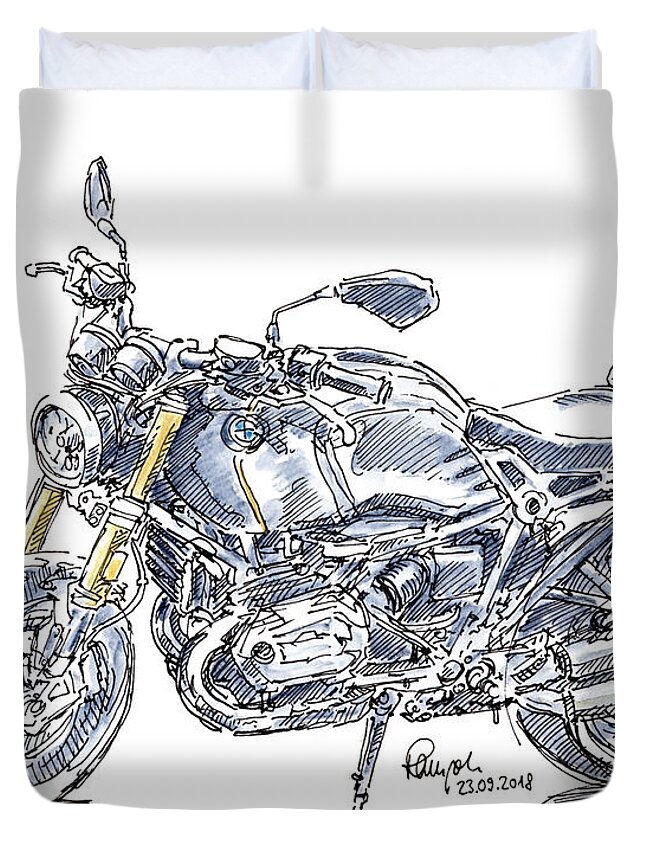 Bmw R Nine T Motorcycle Ink Drawing And Watercolor Duvet Cover For