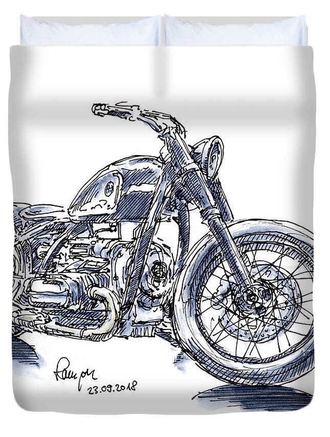 Motorbike Duvet Cover featuring the drawing BMW R5 Hommage Motorcycle Ink Drawing and Watercolor by Frank Ramspott