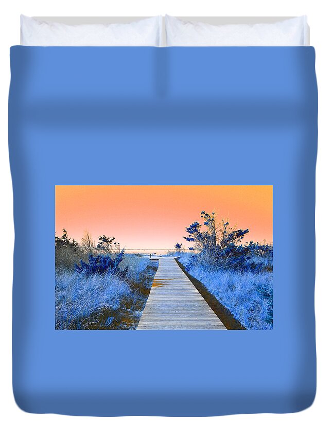 Boardwalk Duvet Cover featuring the mixed media Boardwalk to the Bay by Stacie Siemsen