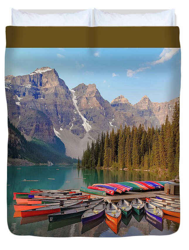 Canoes Duvet Cover featuring the photograph Boat Dock at Moraine by Joe Kopp
