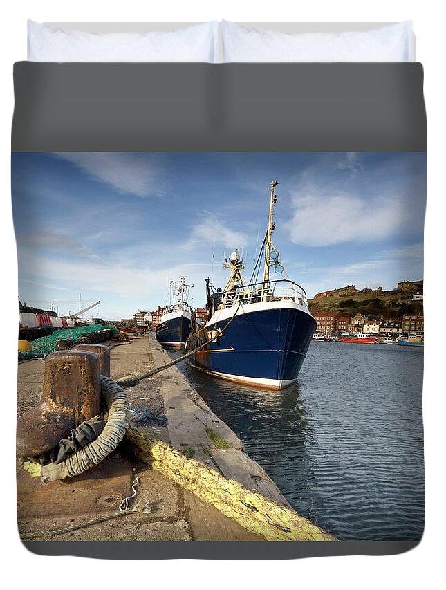 Freight Transportation Duvet Cover featuring the photograph Boat Dock, Whitby, West Yorkshire by Design Pics