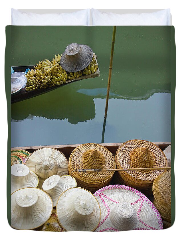 Thai Culture Duvet Cover featuring the photograph Boat Loaded With Bamboo Hats At by Keren Su