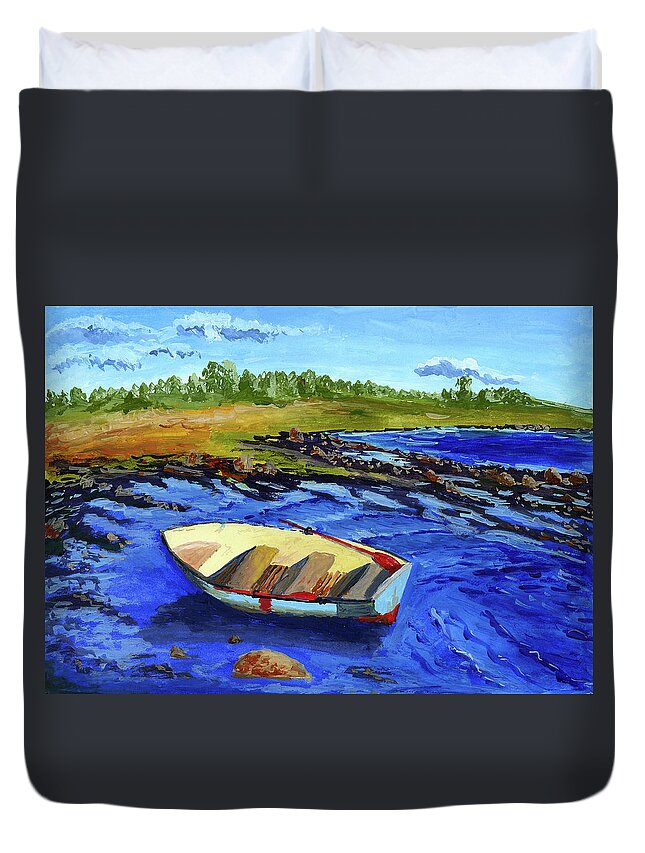 Lakeshore Duvet Cover featuring the digital art Boat On Lake Shore by Nadezda Kozulina