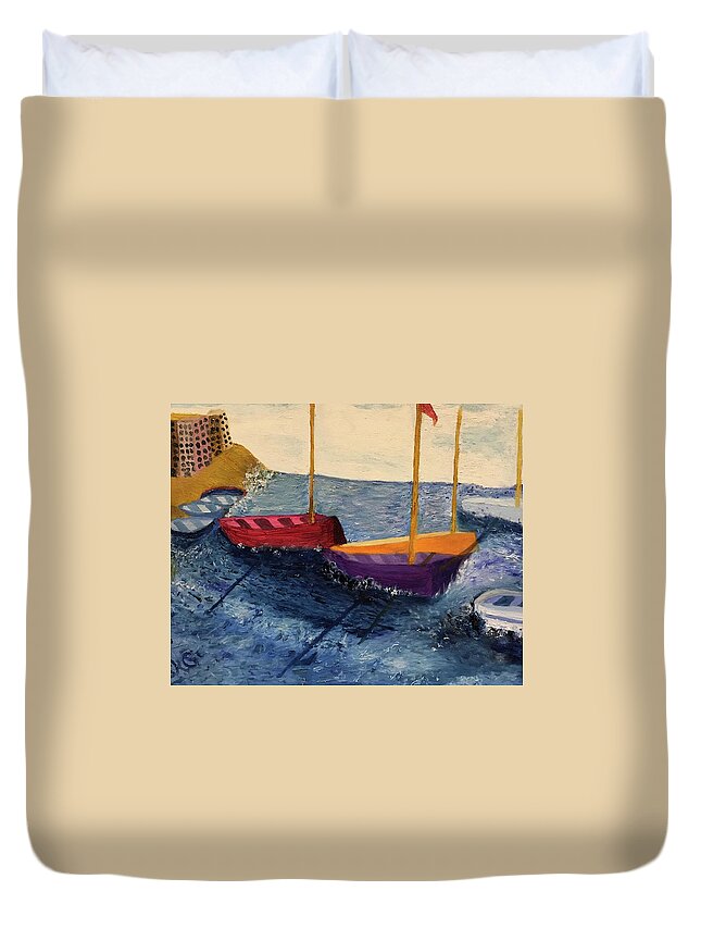 Sailboats Duvet Cover featuring the painting Boat Shadows in the Bay by Susan Grunin