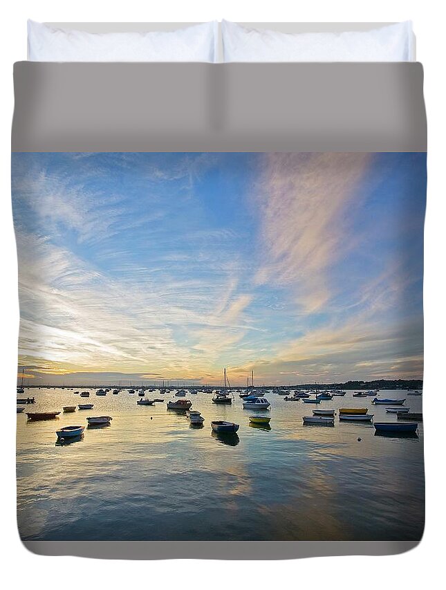 Tranquility Duvet Cover featuring the photograph Boats Anchored In Water At Poole by David Henderson