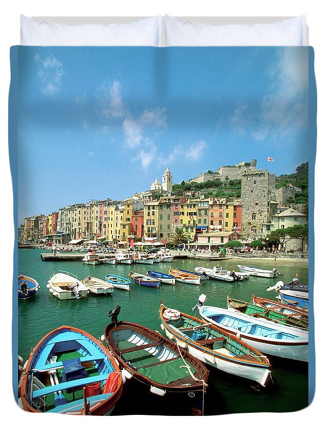 Row House Duvet Cover featuring the photograph Boats At A Harbor, Portovenere, Italy by Medioimages/photodisc