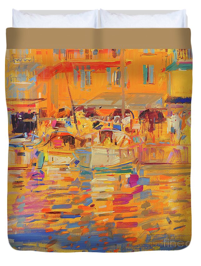 Yellow Duvet Cover featuring the painting Boats in Harbor, Saint Tropez by Peter Graham
