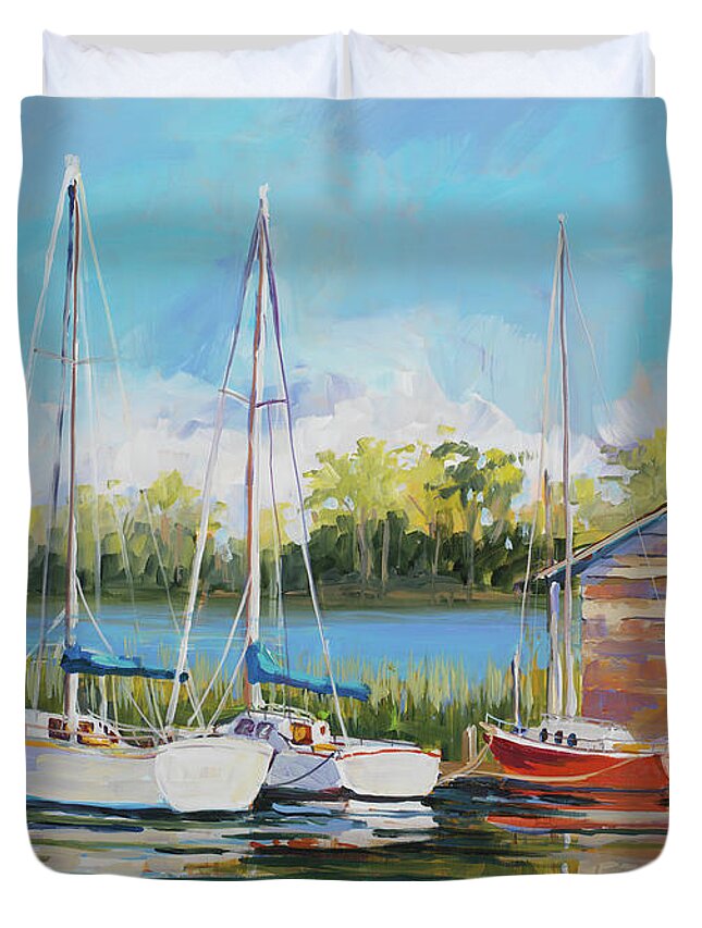 Boats Duvet Cover featuring the painting Boats by Jane Slivka