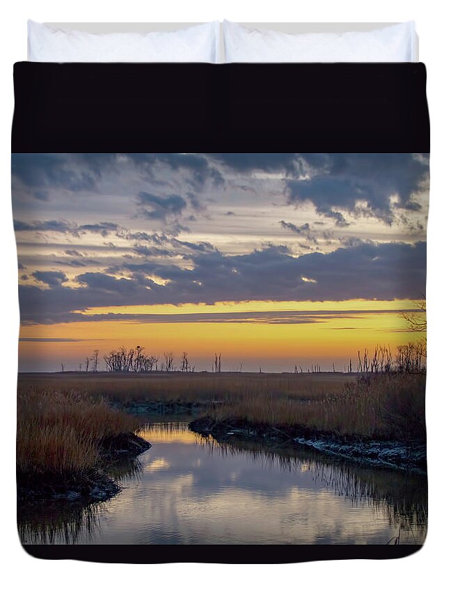 Bombay Hook Duvet Cover featuring the photograph Bombay Hook Dawn's Early Light by Kristia Adams