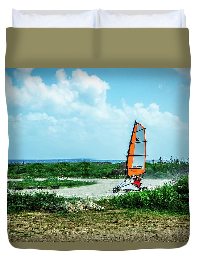 Landsailing Duvet Cover featuring the photograph Bonaire Land Sailor by Pheasant Run Gallery